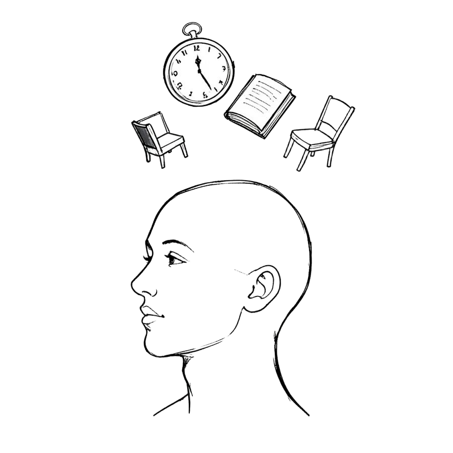 Line illustration of a head with objects floating above it