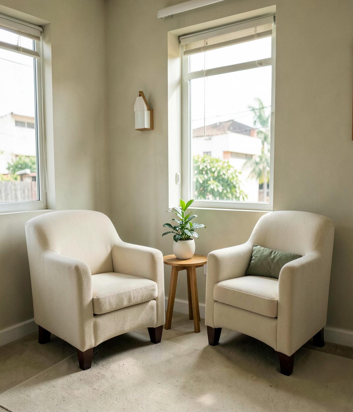 Two armchairs and a plant in the TLE Abuja consulting room in Garki